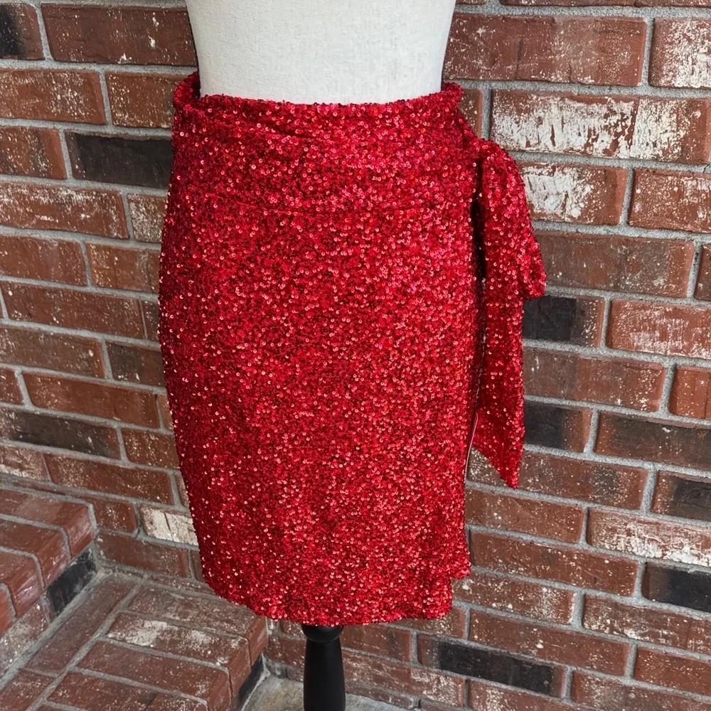 Never Fully Dressed Red Sequin Jaspre Wrap Mini Skirt NWT Size US 4 UK 8